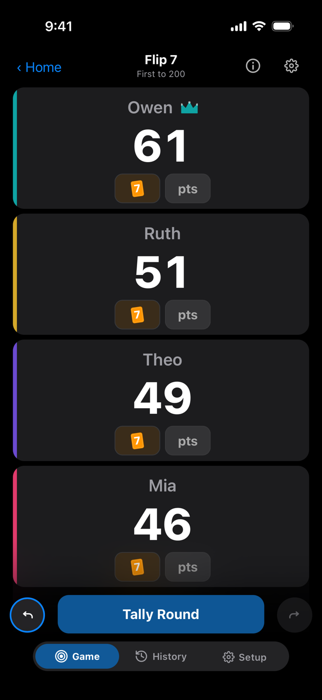 A Flip 7 game in progress in dark mode, with the leader crowned and the scores still climbing